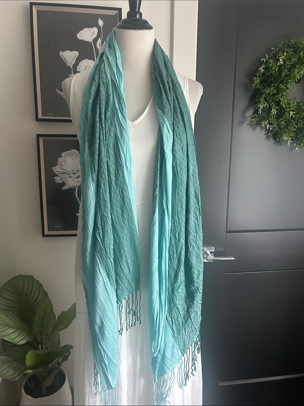 Teal green colorblock fringe lightweight scarf 25x70"